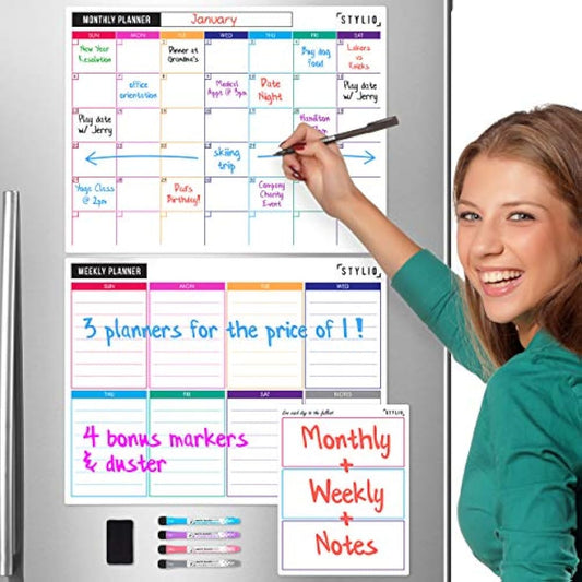 STYLIO Magnetic Fridge Family Planner: 3 Monthly, Weekly, Daily Planners. Meal Planner Board, Weekly Planner Whiteboard for Wall, Magnetic Meal Planner for Fridge, Magnetic Fridge Whiteboard Calendar